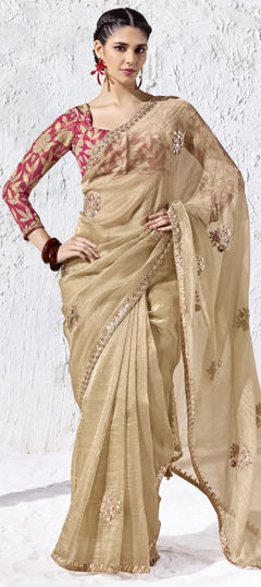 Gold color Saree in Organza Silk fabric with Digital Print, Sequence, Zardozi work