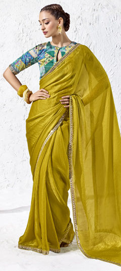 Yellow color Saree in Organza Silk fabric with Digital Print, Embroidered work