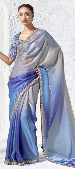 Blue color Saree in Organza Silk fabric with Digital Print, Sequence work