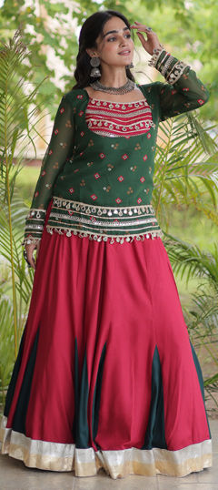 Red and Maroon color Long Lehenga Choli in Rayon fabric with Bandhej, Mirror, Printed work