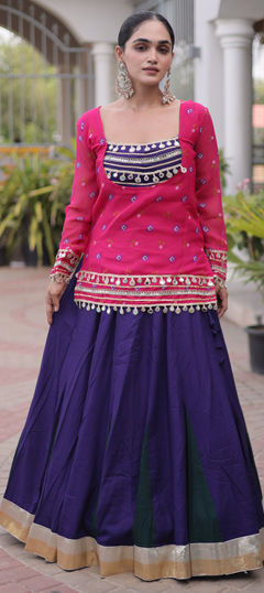 Purple and Violet color Long Lehenga Choli in Rayon fabric with Bandhej, Mirror, Printed work