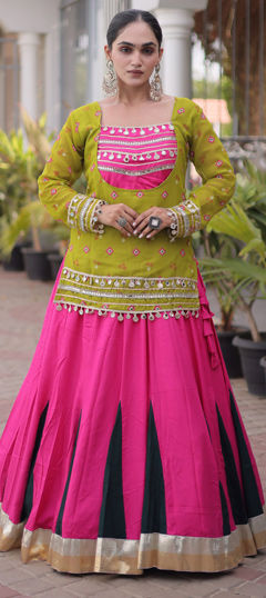 Pink and Majenta color Long Lehenga Choli in Rayon fabric with Bandhej, Mirror, Printed work