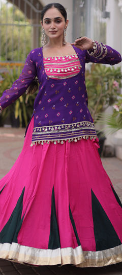 Pink and Majenta color Long Lehenga Choli in Rayon fabric with Bandhej, Mirror, Printed work
