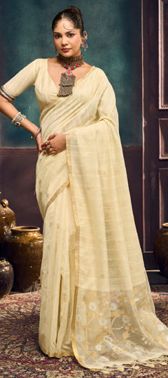 Beige and Brown color Saree in Cotton fabric with Lace, Weaving work