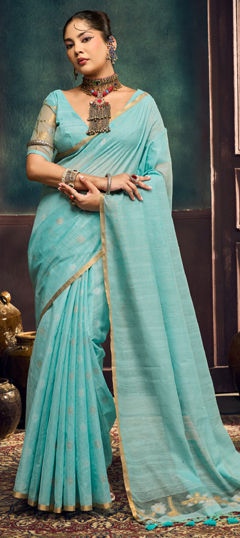 Blue color Saree in Cotton fabric with Lace, Weaving work