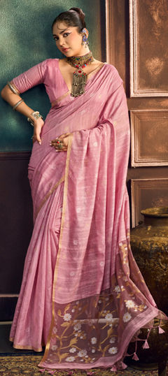 Pink and Majenta color Saree in Cotton fabric with Lace, Weaving work