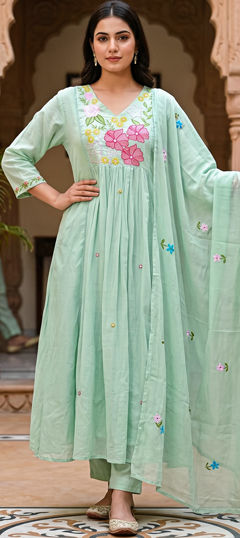 Green color Salwar Kameez in Mul Cotton fabric with Embroidered work