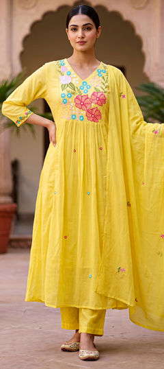 Yellow color Salwar Kameez in Mul Cotton fabric with Embroidered work
