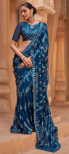 Blue color Saree in Georgette fabric with Border, Sequence work