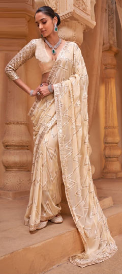 Beige and Brown color Saree in Georgette fabric with Border, Sequence work