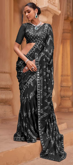 Black and Grey color Saree in Georgette fabric with Border, Sequence work