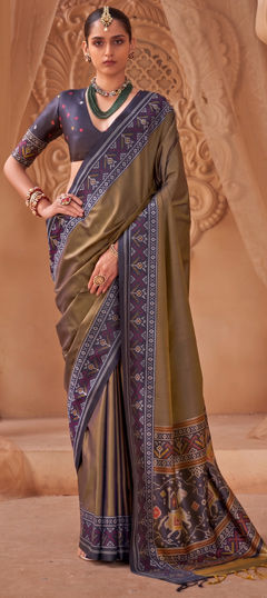 Beige and Brown color Saree in Silk fabric with Printed work