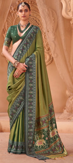 Green color Saree in Silk fabric with Printed work