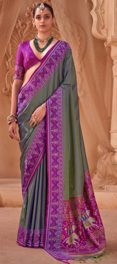 Beige and Brown color Saree in Silk fabric with Printed work
