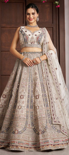 Beige and Brown color Lehenga in Net fabric with Embroidered, Moti, Sequence, Thread work