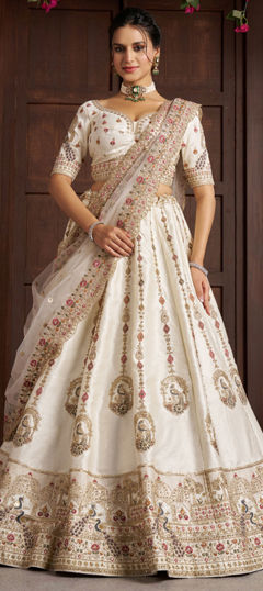 White and Off White color Lehenga in Silk fabric with Embroidered, Moti, Sequence, Thread work