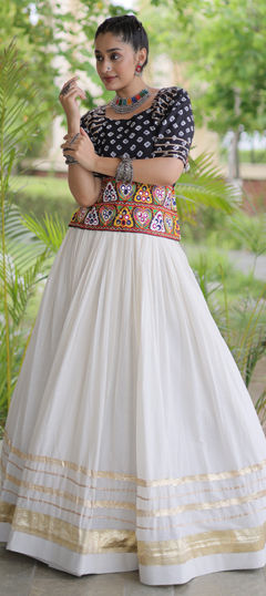 Black and Grey, White and Off White color Long Lehenga Choli in Cotton fabric with Bandhej, Embroidered, Gota Patti, Mirror, Printed work