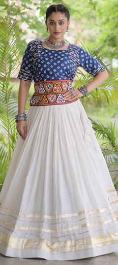 Blue, White and Off White color Long Lehenga Choli in Cotton fabric with Bandhej, Embroidered, Gota Patti, Mirror, Printed work