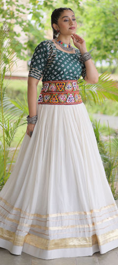 Green, White and Off White color Long Lehenga Choli in Cotton fabric with Bandhej, Embroidered, Gota Patti, Mirror, Printed work