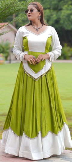 Green, White and Off White color Long Lehenga Choli in Rayon fabric with Bugle Beads, Mirror work