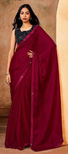 Red and Maroon color Saree in Georgette fabric with Lace work