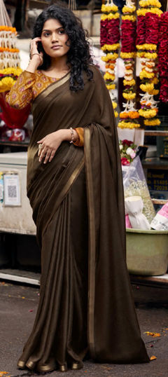 Beige and Brown color Saree in Silk fabric with Thread work