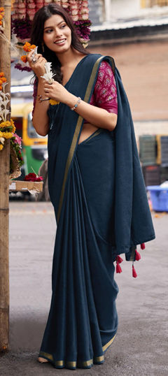 Blue color Saree in Silk fabric with Thread work