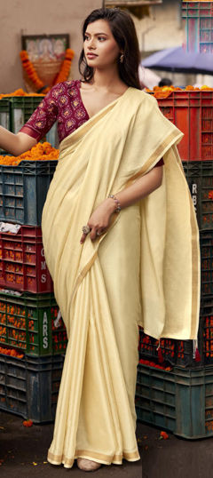 Beige and Brown color Saree in Silk fabric with Thread work