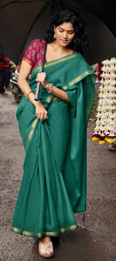 Green color Saree in Silk fabric with Thread work