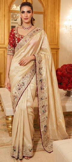 Gold color Saree in Silk fabric with Embroidered work