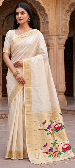 Beige and Brown color Saree in Silk fabric with Weaving, Zari work