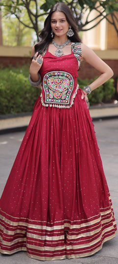 Red and Maroon color Ready to Wear Lehenga in Rayon fabric with Embroidered, Mirror, Mukesh work