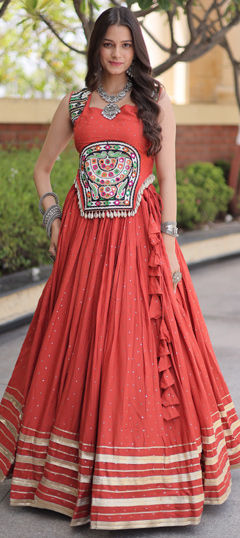 Beige and Brown color Ready to Wear Lehenga in Rayon fabric with Embroidered, Mirror, Mukesh work