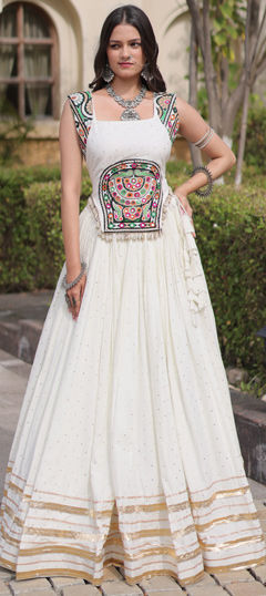 White and Off White color Ready to Wear Lehenga in Rayon fabric with Embroidered, Mirror, Mukesh work