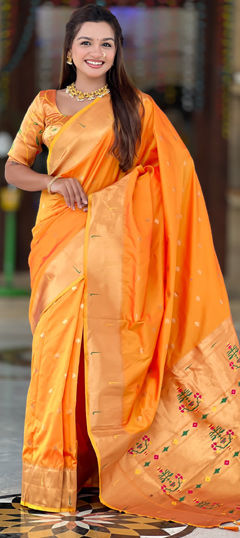 Orange color Saree in Patola Silk fabric with Weaving, Zari work