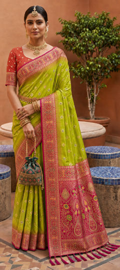 Green color Saree in Silk fabric with Weaving, Zari work