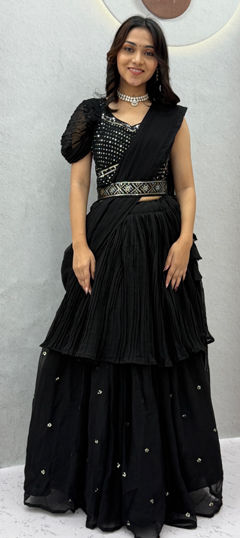 Black and Grey color Ready to Wear Lehenga in Faux Georgette fabric with Mirror, Thread work