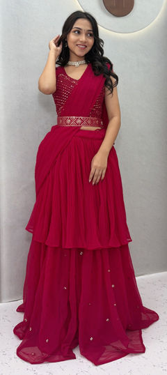 Pink and Majenta color Ready to Wear Lehenga in Faux Georgette fabric with Mirror, Thread work