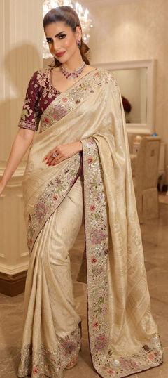 White and Off White color Saree in Kanjeevaram Silk fabric with Embroidered, Sequence work