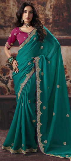 Green color Saree in Silk fabric with Embroidered, Resham, Sequence, Zari work