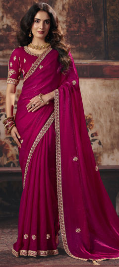 Pink and Majenta color Saree in Tissue fabric with Embroidered, Resham, Sequence, Zari work