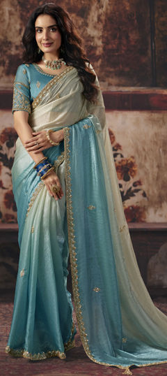 Blue, White and Off White color Saree in Tissue fabric with Embroidered, Resham, Sequence, Zari work