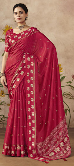 Pink and Majenta color Saree in Silk fabric with Printed, Weaving work