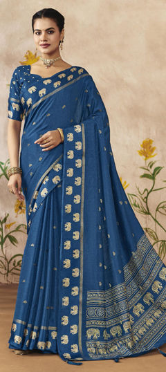 Blue color Saree in Silk fabric with Printed, Weaving work