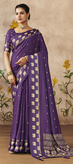 Purple and Violet color Saree in Silk fabric with Printed, Weaving work