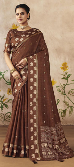 Beige and Brown color Saree in Silk fabric with Printed, Weaving work