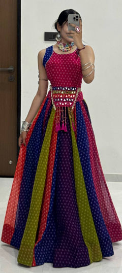 Multicolor color Long Lehenga Choli in Georgette fabric with Bandhej, Mirror, Printed work