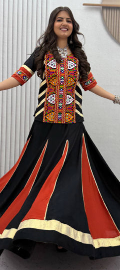Black and Grey color Long Lehenga Choli in Cotton fabric with Embroidered, Mirror work