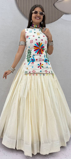 White and Off White color Long Lehenga Choli in Cotton fabric with Mirror, Thread work