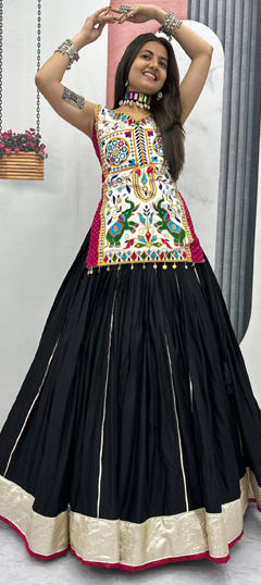 Black and Grey color Long Lehenga Choli in Cotton fabric with Embroidered, Mirror, Thread work
